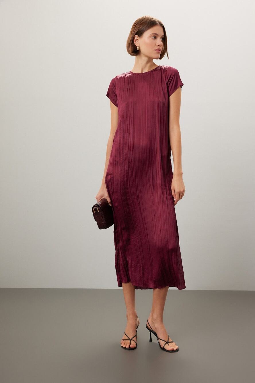 Madewell Mulberry Wine Oversized Short-Sleeve Slip Midi Dress Plissé Size XS